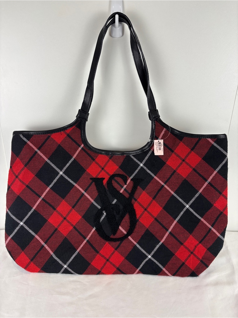 Victoria's Secret NWT Red Black Plaid Tartan Logo Tote Shoulder Bag Holiday Xmas